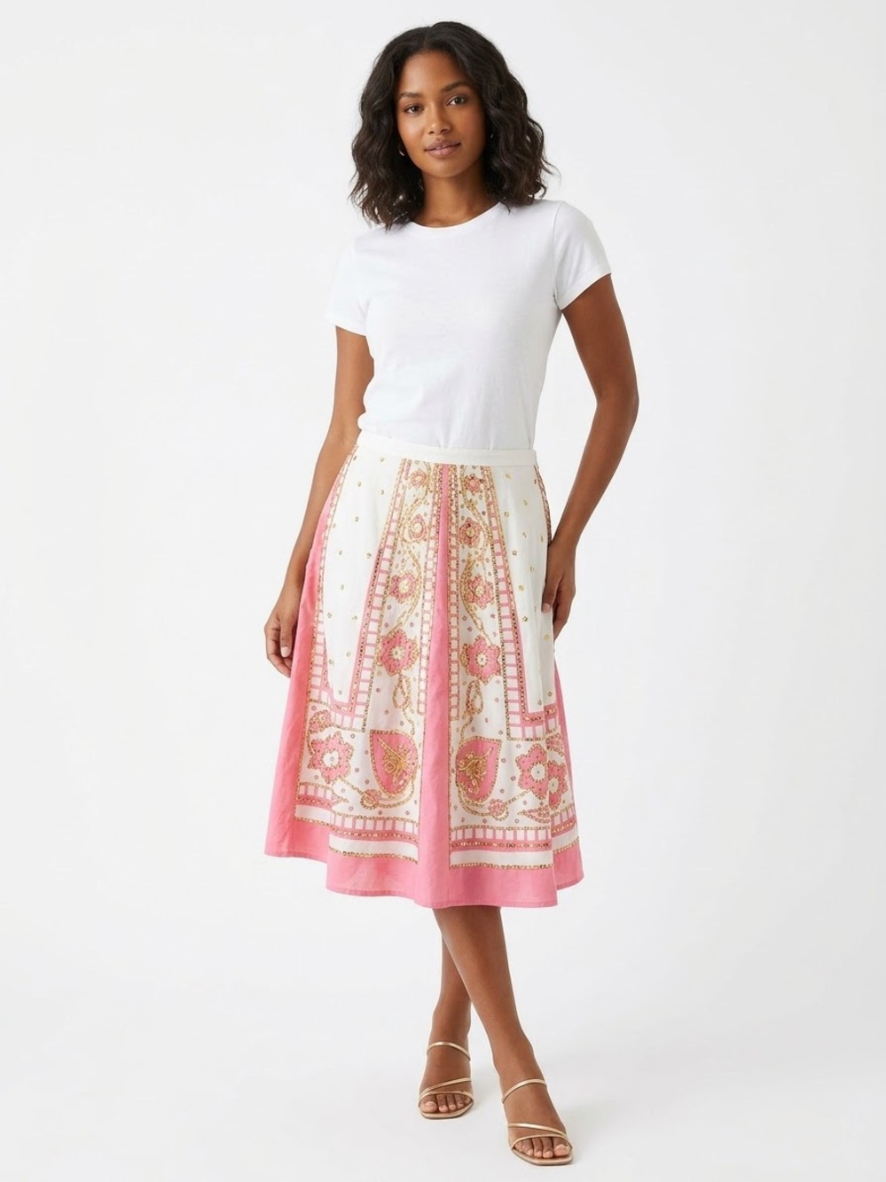 Milly Pink and White Floral-Print Pleated Maxi Skirt